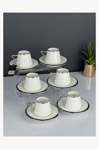 ACAR Luxury Porcelain Elora Silver 6-Piece Cup Set White