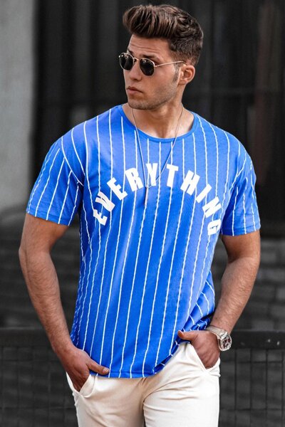 Madmext Striped Printed Indigo T-Shirt 3007