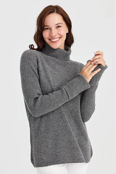 Desen Triko Women's Full Turtleneck Sleeve Slit Wool Sweater 22001 Smoked