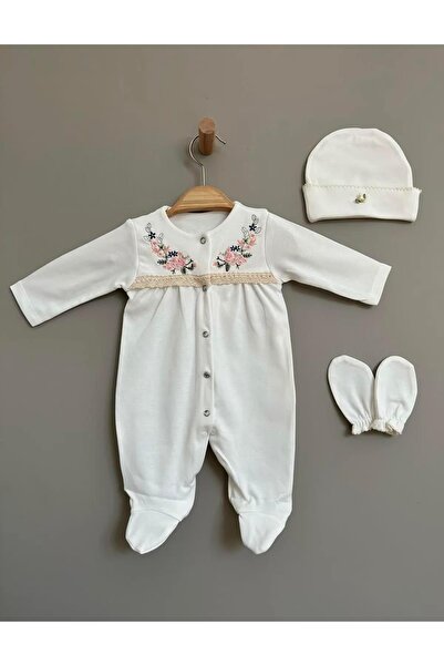 Buse&Eylül Bebe Floral Embroidered Crochet 3 Piece Baby Girl Jumpsuit