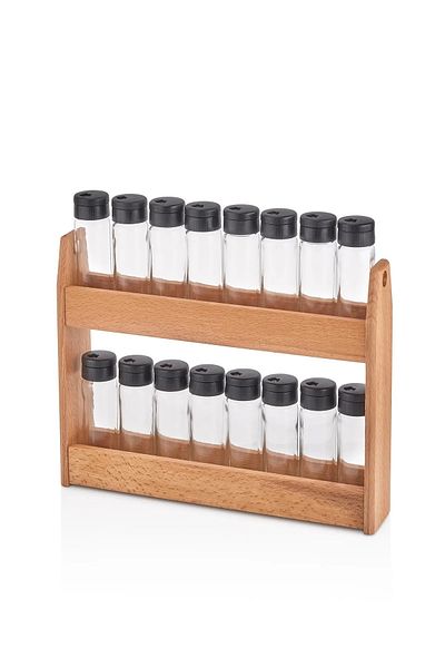 Etka Dizayn Kayra 16-Piece Spice Rack Set, 16-Piece Spice Rack with Wooden Stand