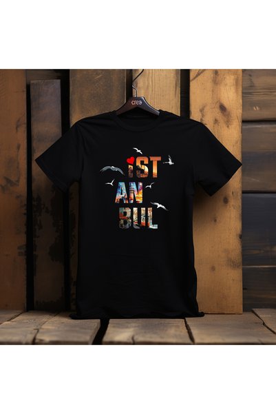 Crea Eymer Wear Istanbul City Design Printed Crew Neck 100% Cotton T-Shirt Black