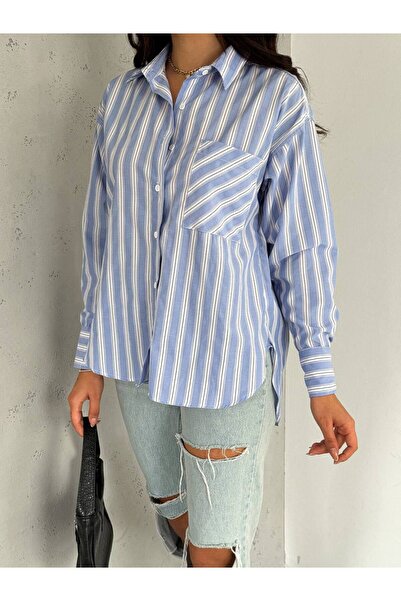 Noa Noa Cămașă cu mânecă lungă în dungi cu buzunar încrucișat pentru femei