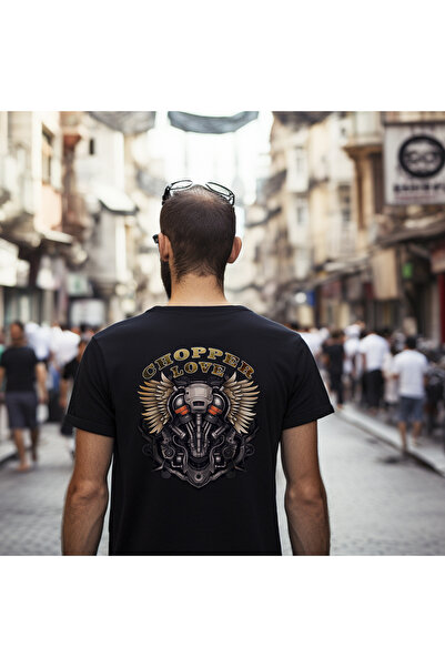 Crea Eymer Wear تي شيرت مطبوع عليه صورة دراجة نارية بنمط المروحية ورقبة دائرية 100% قطن باللون الأسود