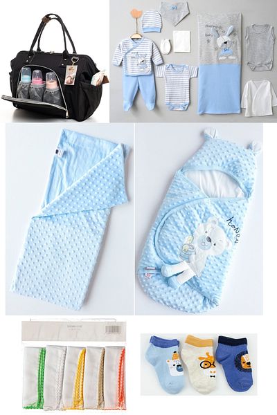 Necix's 6-Piece CUTE MONTHS BIRTH SET (10-Piece HOSPITAL EXIT, BABY BAG, SWADDLE, BLANKET, WIPES AND SOCKS SET)