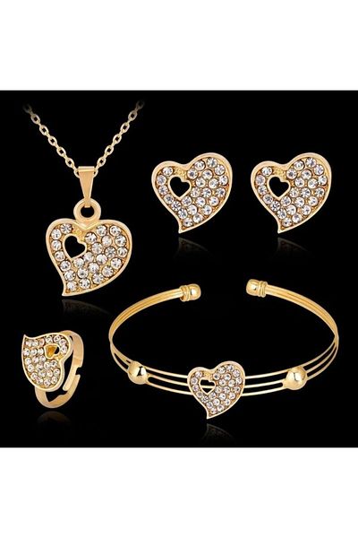 Takıtolia Valentin Gold Colorful Heart Jewelled Necklace and Earrings Gift Simple Stylish Valentine's Day Special Jewelry Set