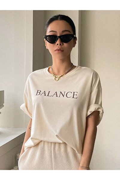 NİCE - Tricou oversize cu imprimeu Balance bej pentru femei