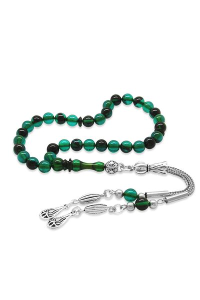 Tesbihane Non-Tarnish Metal Tasseled Globe Cut Wrist Size Turquoise-Black Fire Amber Prayer Beads