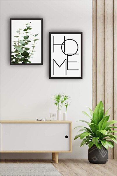 beedene Doğal Ahşap Çerçeveli Home Okaliptus 2'li Set Duvar Dekorasyon Minima...