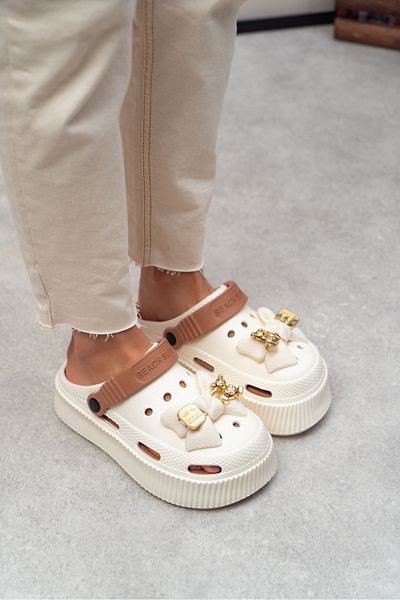 NİŞANTAŞI SHOES Papuci de damă cu talpă groasă Ostra alb maro