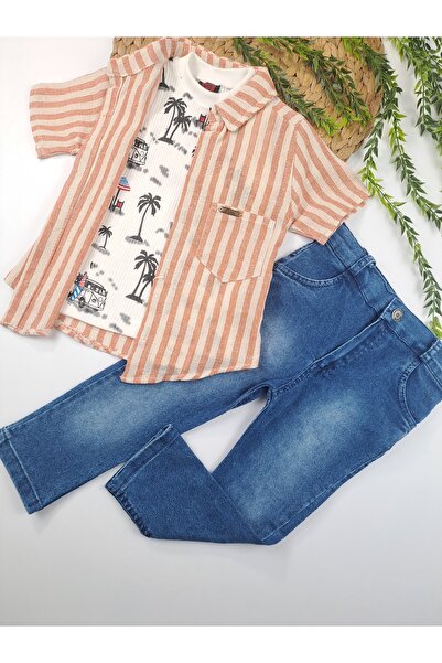 Butik Erkek Çocuk Premium Kalite Üçlü Takım Gömlek Sıfır Kol T-Shirt Kot Pant...