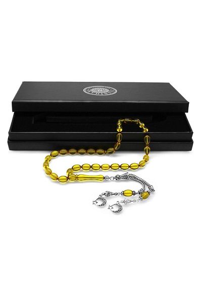 Tesbihane Non-Tarnish Metal Crescent Star Tasseled Barley Cut Transparent Yellow Fire Amber Prayer Beads