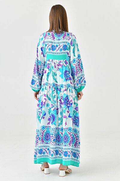 lovebox Ethnic λουλουδάτο μοτίβο με κουμπιά με επικρατέστερο γιακά μανίκι μπαλόνι μίντι μήκους φαρδύ φαρδύ καλοκαιρινό φόρεμα 2243