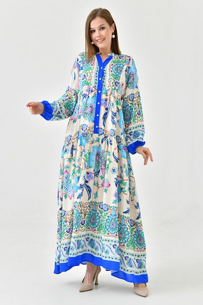 lovebox Rochie de vară cu croială evazată lată, cu modele florale etnice, guler predominant, mânecă cu balon, lungime midi 2243