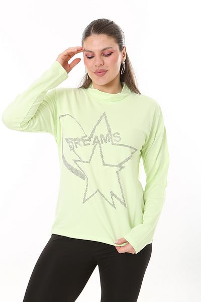 Şans Women's Plus Size Green Zero Collar Stone Detailed Long Sleeve Blouse 65N37708