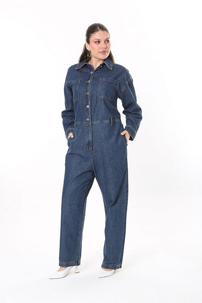 Şans Women's Large Size Navy Blue Metal Buttoned Back Belt Elastic Jeans Jumpsuit 65N37722