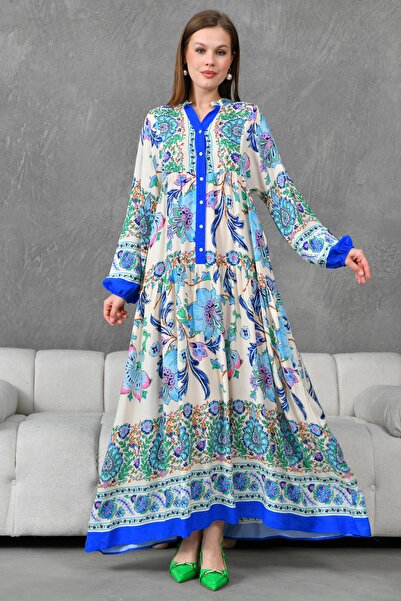 bayansepeti Жіноча сукня з квітковим візерунком, застібкою на ґудзиках, коміром-стійкою, рукавами-ліхтариками, середньої довжини, з розкльошеним низом, літня сукня 2243