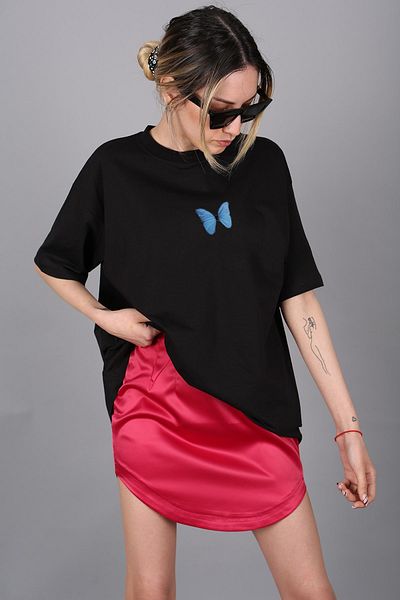 LOTS MODA T-shirt Blue Butterfly Printed Cotton Crew Neck Oversize