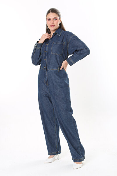 Şans Women's Large Size Navy Blue Metal Buttoned Back Belt Elastic Jeans Jumpsuit 65N37722