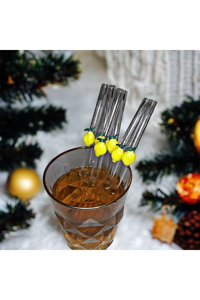 nazarboncuğu Set of 6 Glass Lemon Figured Straws