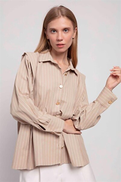 msendam Kadın Perry Marka Çizgili Oversize Uzun Kollu Dore Düğmeli Gömlek-bej