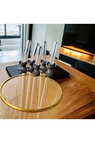 nazarboncuğu Glass Transparent 6-Piece Kuala Figured Drinking Straw Set