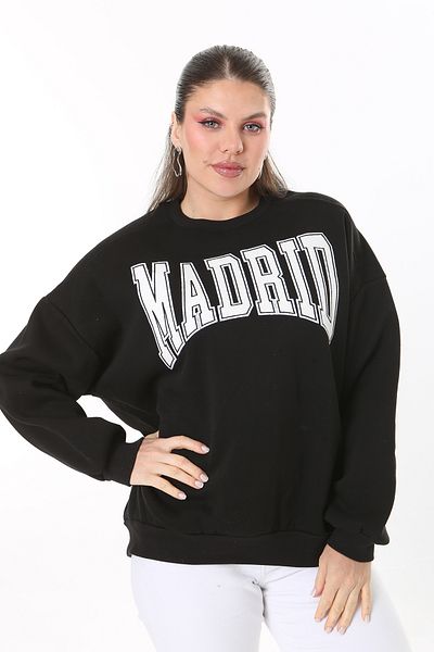 Şans Women's Large Size Black Ribbed Fabric Embroidered Sweatshirt 65N37717