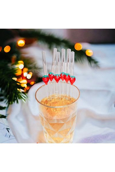nazarboncuğu Set of 6 Glass Strawberry Figured Straws