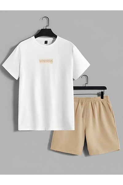 trendgar Set unisex cu pantaloni scurți bej cu imprimeu minunat de jos de sus