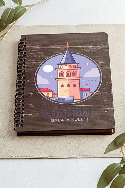 SaltanArt Istanbul Galata Tower City Design Ξύλινο Εξώφυλλο Σημειωματάριο Kraft Χαρτί Ειδικού Σχεδιασμού Δώρο