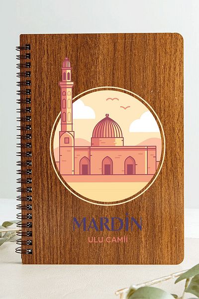 SaltanArt دفتر ملاحظات بتصميم المدينة من Mardin Ulu Mosque مع غطاء خشبي من ورق الكرافت هدية بتصميم خاص