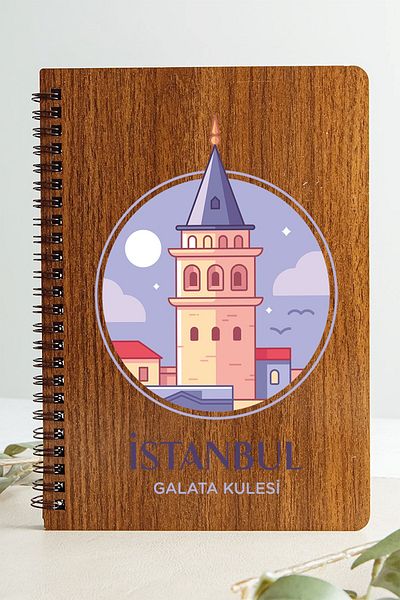 SaltanArt Istanbul Galata Tower City Design Caiet din lemn de copertă Hârtie Kraft Cadou cu design special