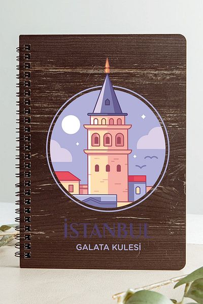 SaltanArt Istanbul Galata Tower City Design Ξύλινο Εξώφυλλο Σημειωματάριο Kraft Χαρτί Ειδικού Σχεδιασμού Δώρο