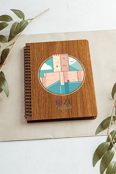 SaltanArt Rize Zilkale City Design Ξύλινο Κάλυμμα Σημειωματάριο Χαρτί Kraft Ειδικού Σχεδιασμού Δώρο