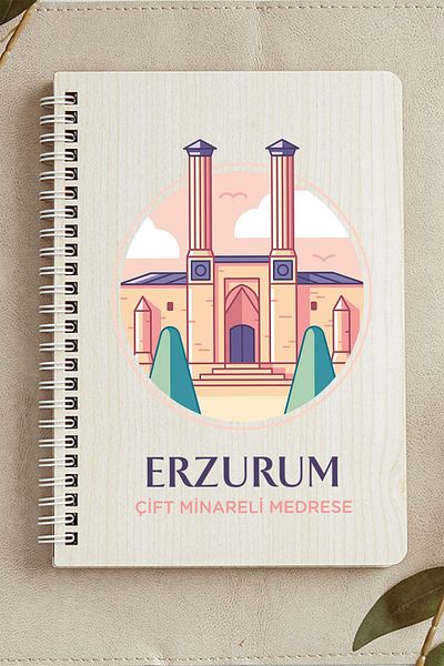SaltanArt Erzurum Double Mineral Medrese City Design غطاء خشبي دفتر كرافت ورق تصميم خاص هدية