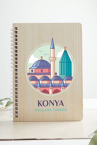 SaltanArt Konya Mevlana Turbesi City Design Wooden Cover Notebook Kraft Paper Special Design Gift