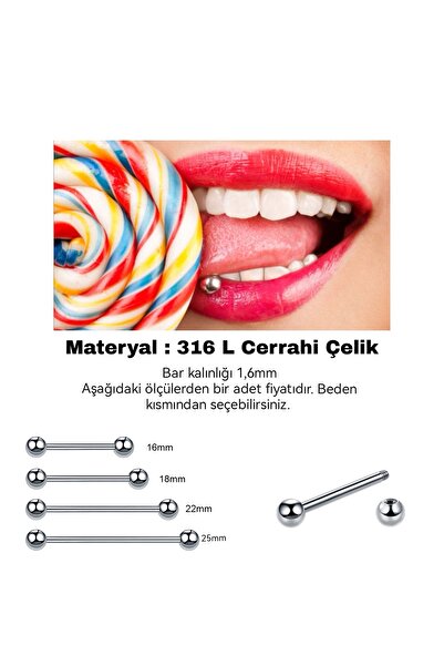 Bylin %100 316 L Cerrahi Çelik Dil Piercingi -top Çapı 6mm- 1 Adet