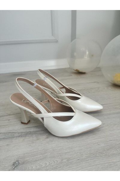 LİNEER 7 Cm Off-White Vegan Leather - Classic Stiletto with Open Back Goblet Heels