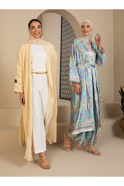Refka Satin Border Floral Patterned Kimono & Pants Set - Çağla - Refka