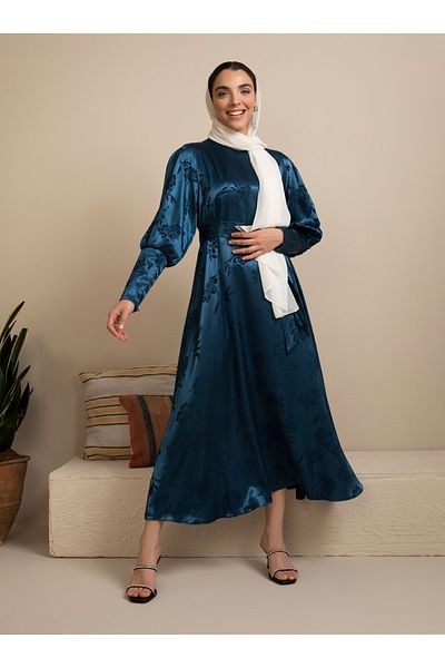 Refka Belted Jacquard Satin Hijab Dress - Dark Navy -