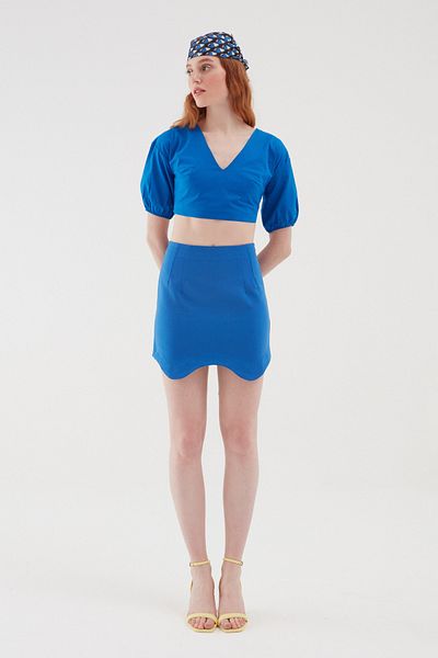 Quzu Balloon Sleeve Backless Blouse Sax