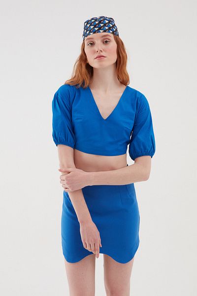 Quzu Balloon Sleeve Backless Blouse Sax