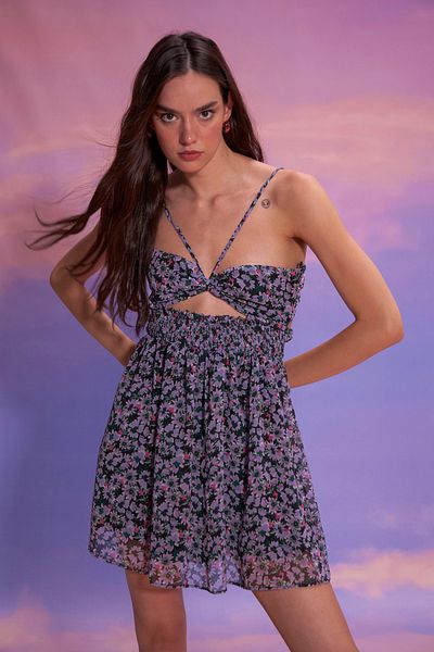 Quzu Halter Neck Floral Mini Dress Purple