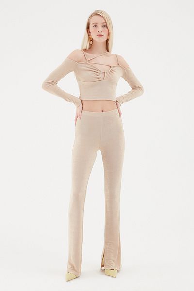 Quzu Cross Strap Off Shoulder Crop Μπλούζα Πέτρα