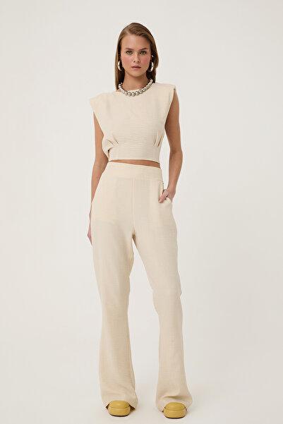 Quzu Yüksel Bel Cepli Pantolon Naturel Kadın