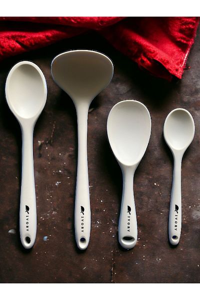 Multiamo Hard Tip Heat Resistant Fireproof Nonstick Silicone Spoon Set 4 Pieces 28cm/22cm/20cm Spoon 28cm Ladle