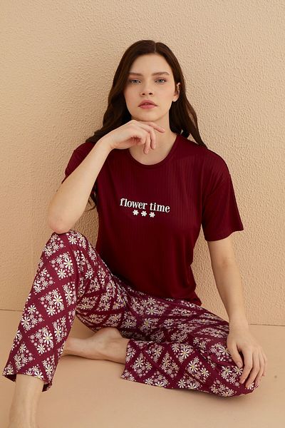 MEBA Set de pijamale cu mânecă scurtă din Lycra pentru femei, roșu Claret, cu modele florale /4