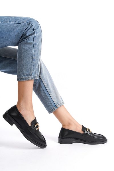 Moda Değirmeni Μαύρο δέρμα γυναικεία αλυσίδα με πόρπη loafer casual παπούτσια BG1095-112-0007