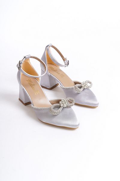 Moda Değirmeni Pantofi cu toc cu fundă cu bijuterii din satin argintiu BG1042-119-0019