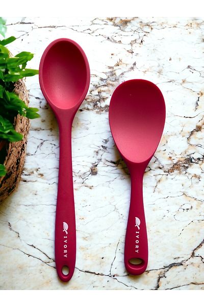 Multiamo Hard Tip Heat Resistant Fireproof Non-Stick Silicone Long Spoon 28 Cm + Short Spoon 22 Cm / 2 Pcs